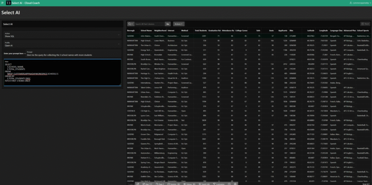 Oracle APEX data analysis interface using Select AI for natural-language insights.