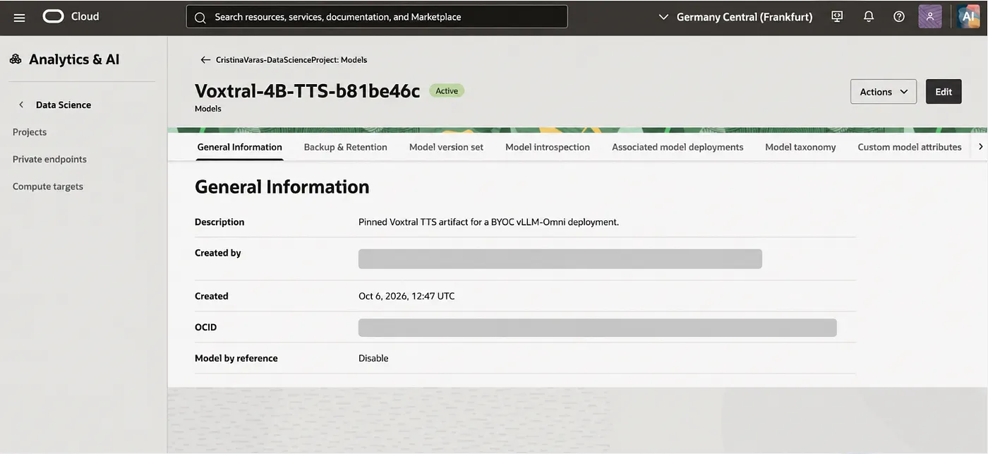 Voxtral model registered in OCI Data Science Model Catalog